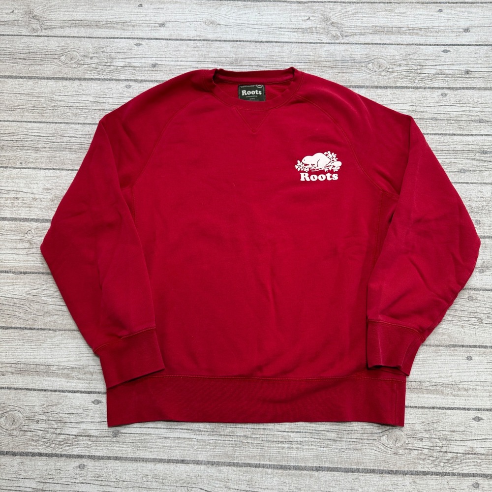 Roots Sweatshirt Men's Medium Red Raglan Sleeve Crewneck Pullover Preppy Varsity